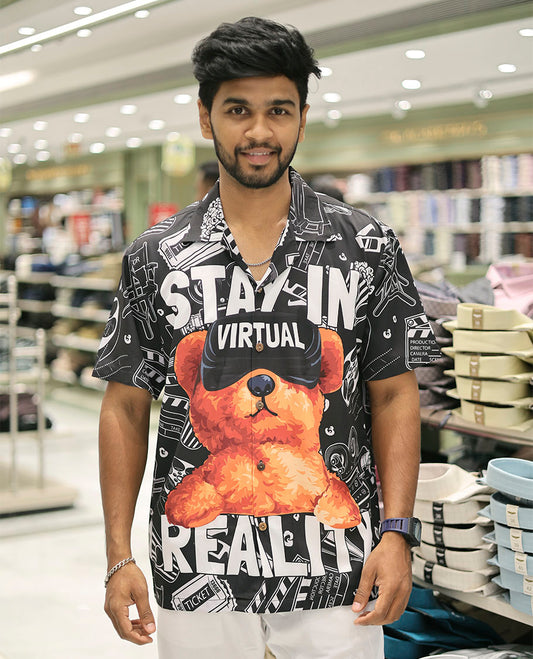 Multi-Color Poly-Blended Casual Shirt Showcasing Funky Cartoon Print, Half Sleeves, a Poly Collar, a Regular Fit, and a Regular Length