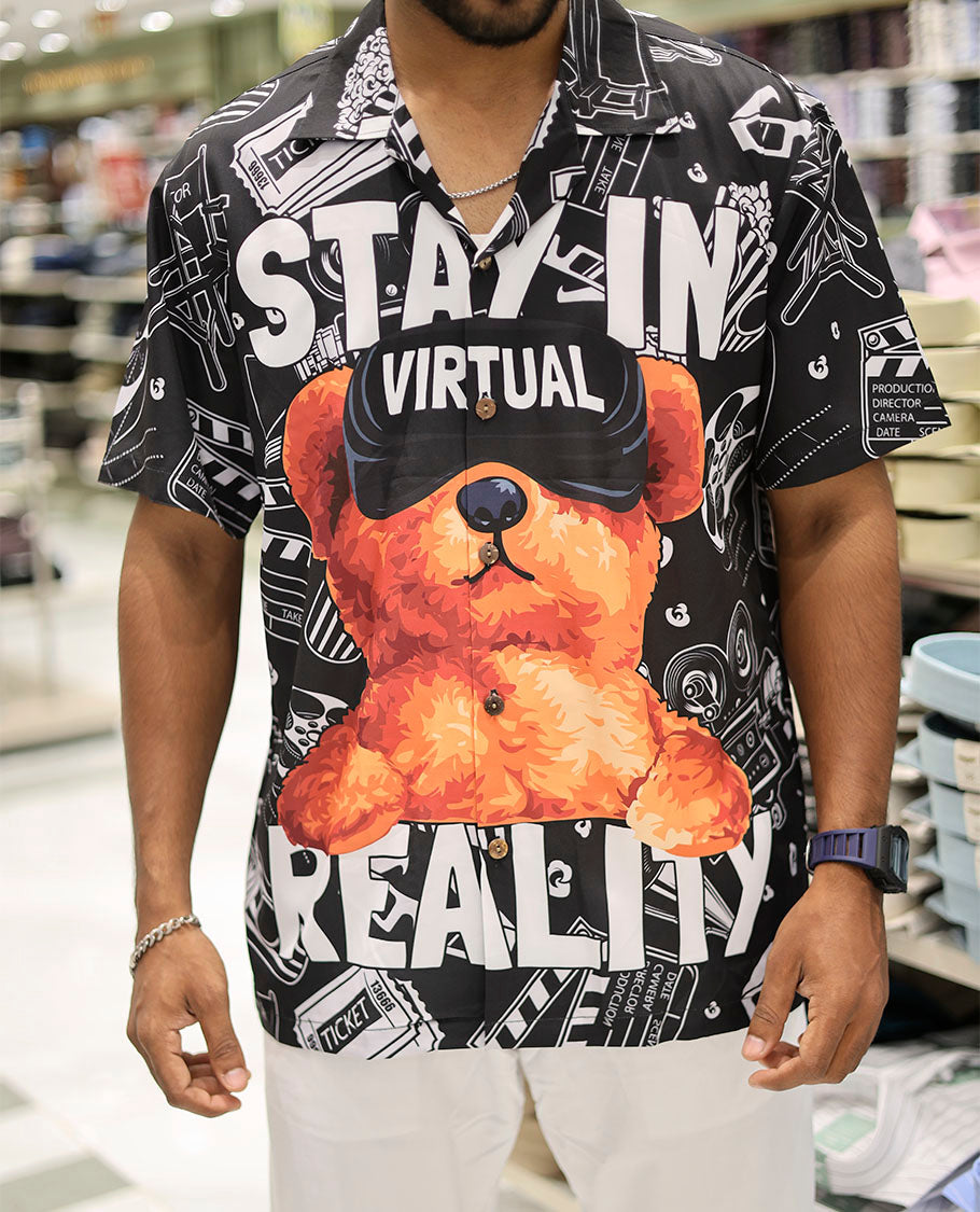 Multi-Color Poly-Blended Casual Shirt Showcasing Funky Cartoon Print, Half Sleeves, a Poly Collar, a Regular Fit, and a Regular Length