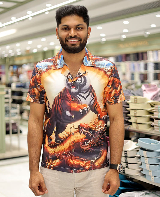 Multi-Color Poly-Blended Casual Shirt Features Tiger Print, Half Sleeves, a Poly Collar, a Regular Fit, and a Regular Length