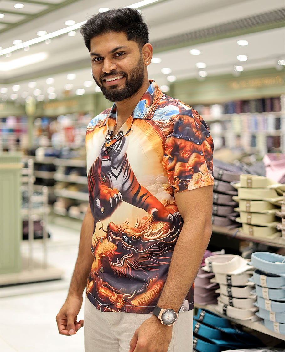Multi-Color Poly-Blended Casual Shirt Features Tiger Print, Half Sleeves, a Poly Collar, a Regular Fit, and a Regular Length