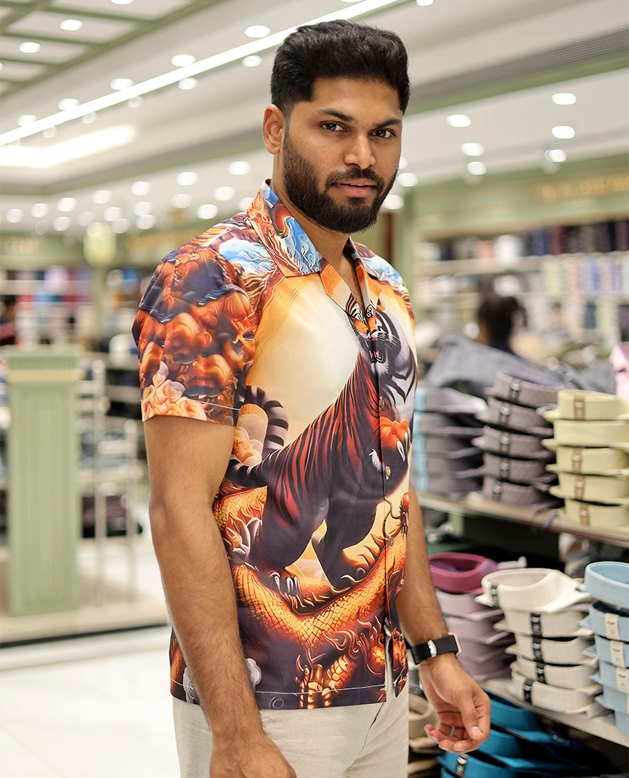 Multi-Color Poly-Blended Casual Shirt Features Tiger Print, Half Sleeves, a Poly Collar, a Regular Fit, and a Regular Length