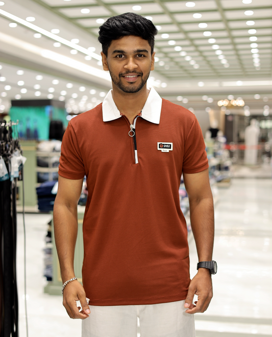 Burgundy Cotton-Blended Zipper T-Shirt Features Half-Sleeves, a Contrast Polo Collar, Slim Fit, and Regular Length