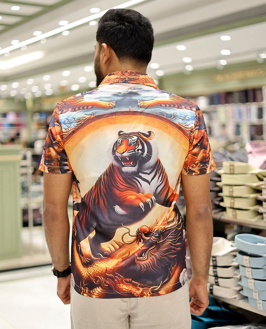Multi-Color Poly-Blended Casual Shirt Features Tiger Print, Half Sleeves, a Poly Collar, a Regular Fit, and a Regular Length