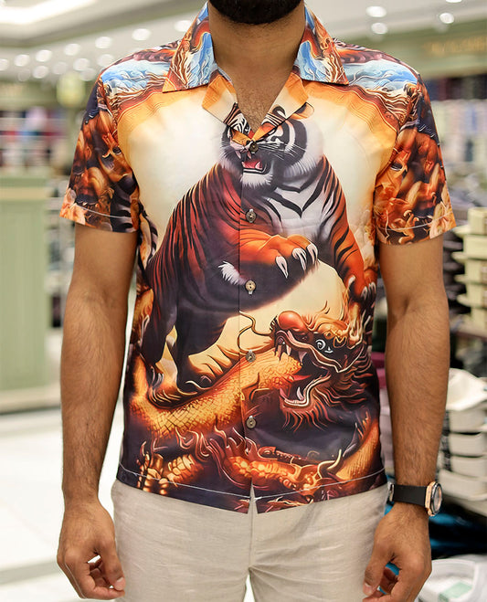 Multi-Color Poly-Blended Casual Shirt Features Tiger Print, Half Sleeves, a Poly Collar, a Regular Fit, and a Regular Length
