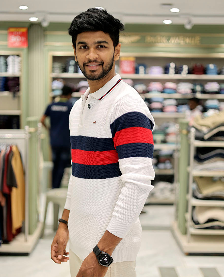 White Cotton-Blended T-Shirt Features Strip Blocks, Full-Sleeves, a Polo Neck, a Slim Fit, and a Regular Length