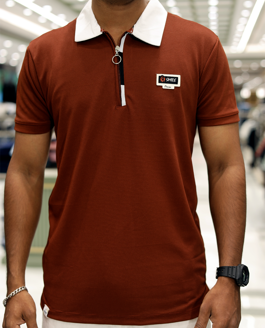 Burgundy Cotton-Blended Zipper T-Shirt Features Half-Sleeves, a Contrast Polo Collar, Slim Fit, and Regular Length