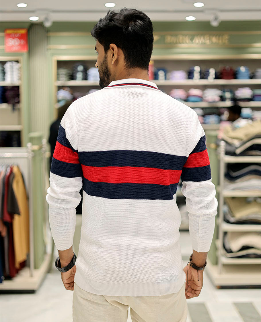 White Cotton-Blended T-Shirt Features Strip Blocks, Full-Sleeves, a Polo Neck, a Slim Fit, and a Regular Length