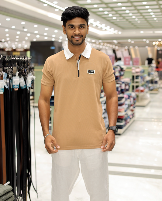 Orange Cotton-Blended Zipper T-Shirt Features Half-Sleeves, a Contrast Polo Collar, Slim Fit, and Regular Length 