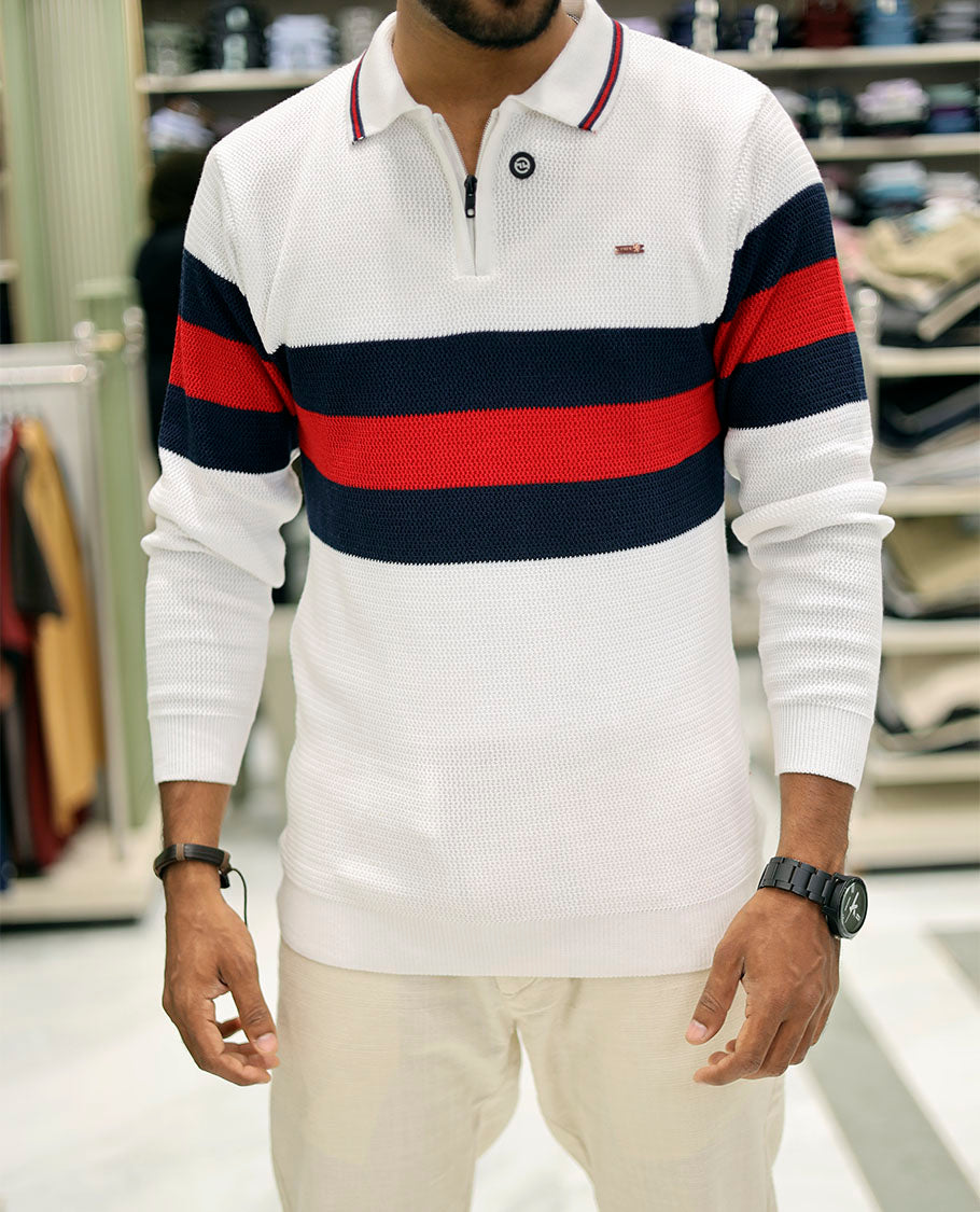 White Cotton-Blended T-Shirt Features Strip Blocks, Full-Sleeves, a Polo Neck, a Slim Fit, and a Regular Length