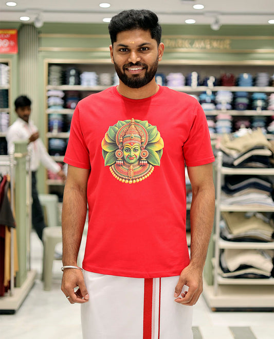 Red Cotton-Blended T-Shirt Features Onam-Themed Kathakali Face Print, Half-Sleeves, a Round Neck, a Slim Fit, and a Regular Length
