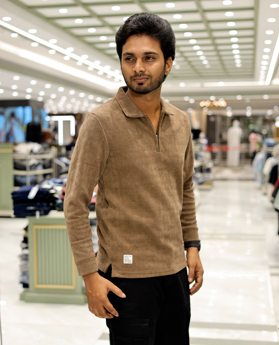 Brown Poly-Blended Zipper T-Shirt Features Full-Sleeves, a Polo Collar, Regular Fit, and Regular Length