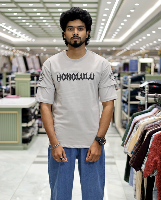 Grey Unique Print Cotton-Blended T-Shirt