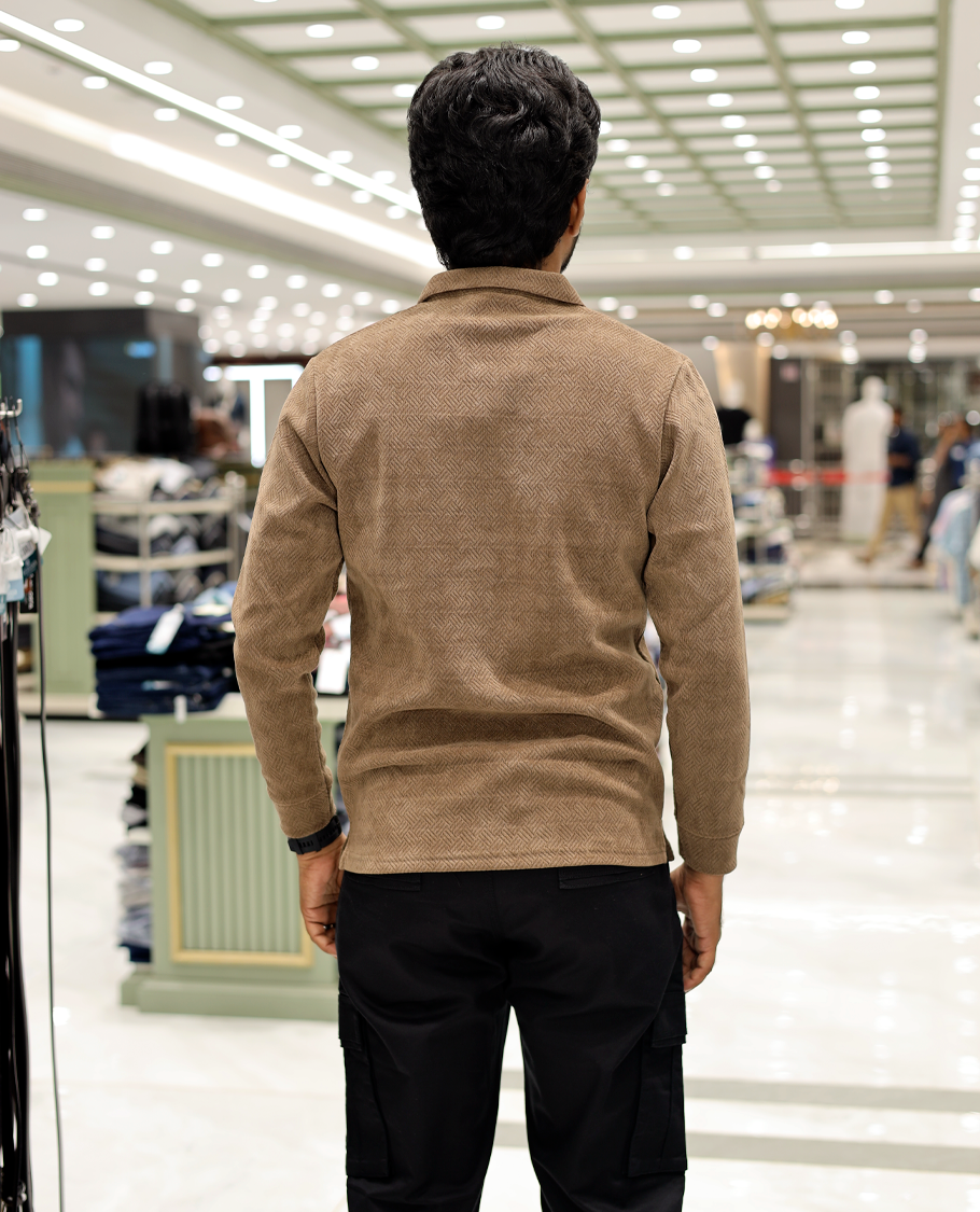 Brown Poly-Blended Zipper T-Shirt Features Full-Sleeves, a Polo Collar, Regular Fit, and Regular Length
