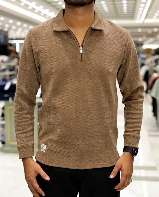 Brown Poly-Blended Zipper T-Shirt Features Full-Sleeves, a Polo Collar, Regular Fit, and Regular Length