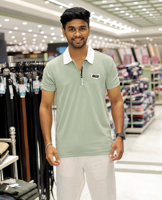 Light Green Cotton-Blended Zipper T-Shirt Features Half-Sleeves, a Contrast Polo Collar, Slim Fit, and Regular Length 