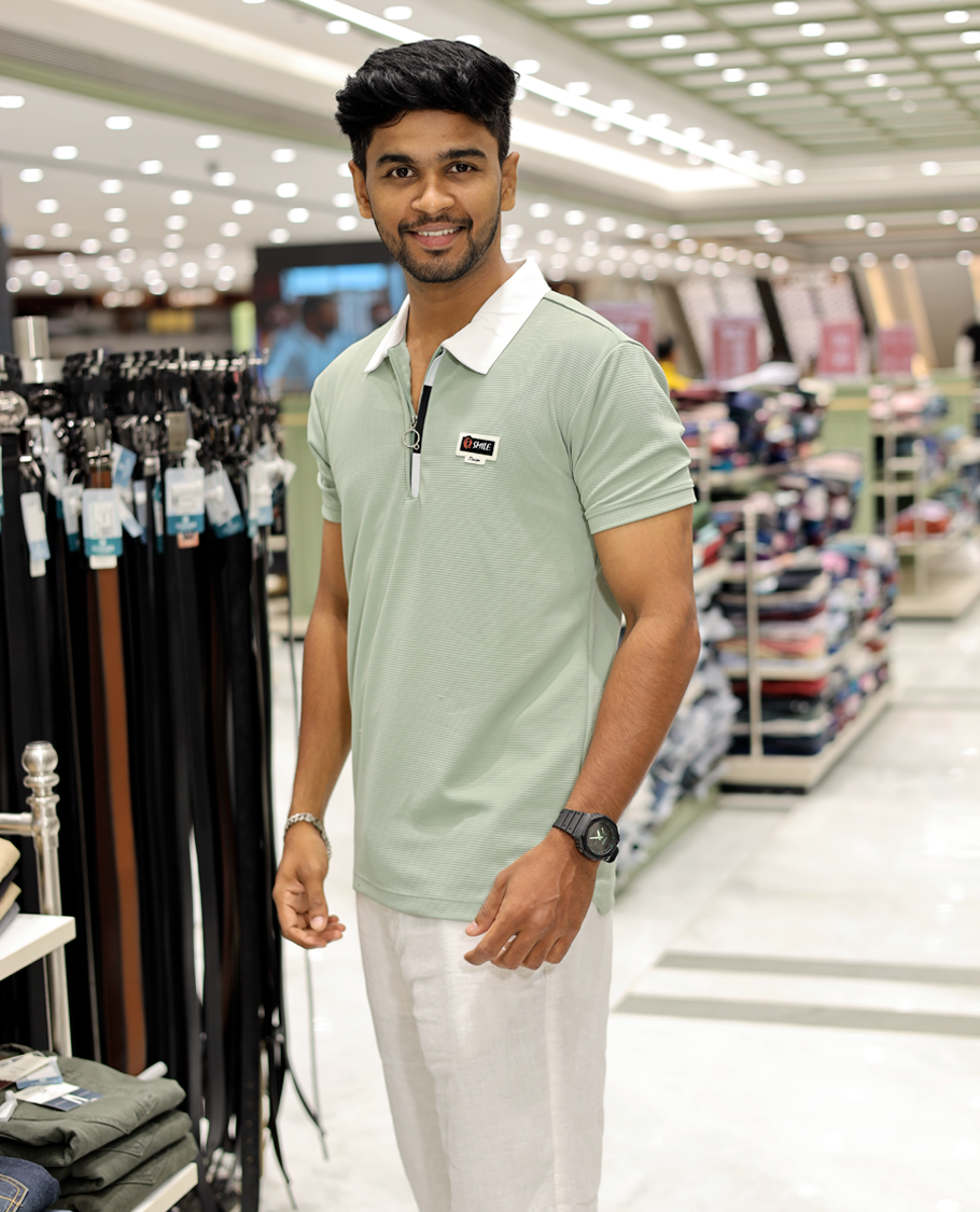 Light Green Cotton-Blended Zipper T-Shirt Features Half-Sleeves, a Contrast Polo Collar, Slim Fit, and Regular Length 