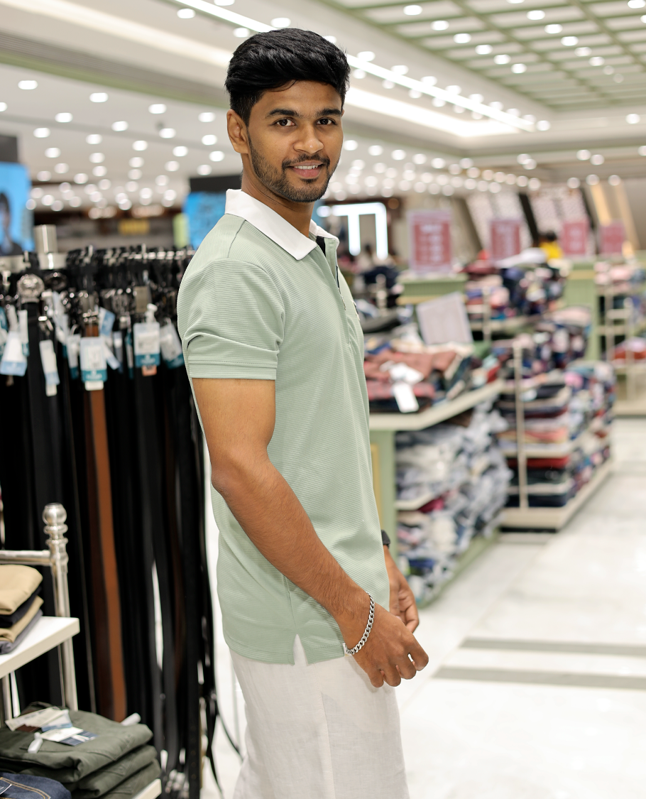 Light Green Cotton-Blended Zipper T-Shirt Features Half-Sleeves, a Contrast Polo Collar, Slim Fit, and Regular Length 