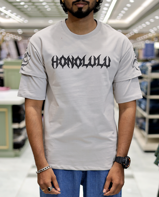 Grey Unique Print Cotton-Blended T-Shirt