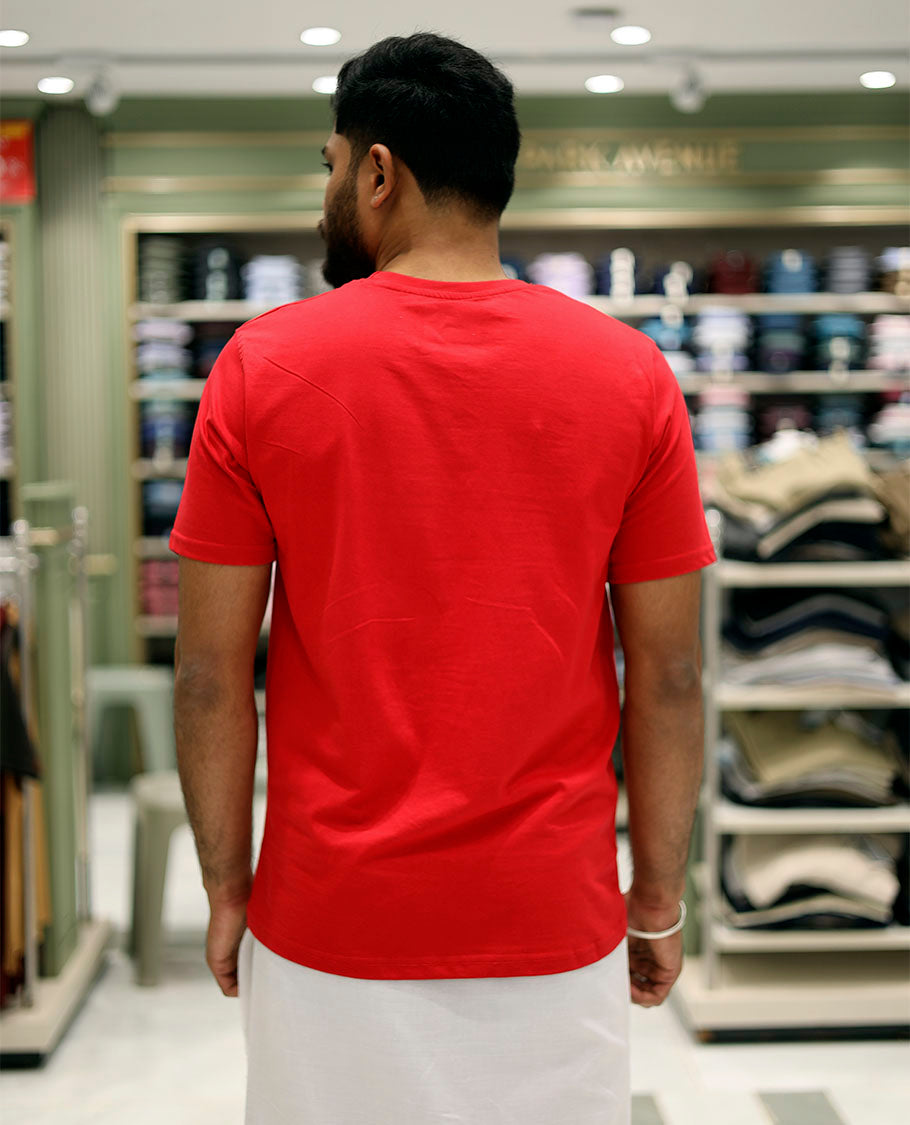 Red Cotton-Blended T-Shirt Features Onam-Themed Kathakali Face Print, Half-Sleeves, a Round Neck, a Slim Fit, and a Regular Length