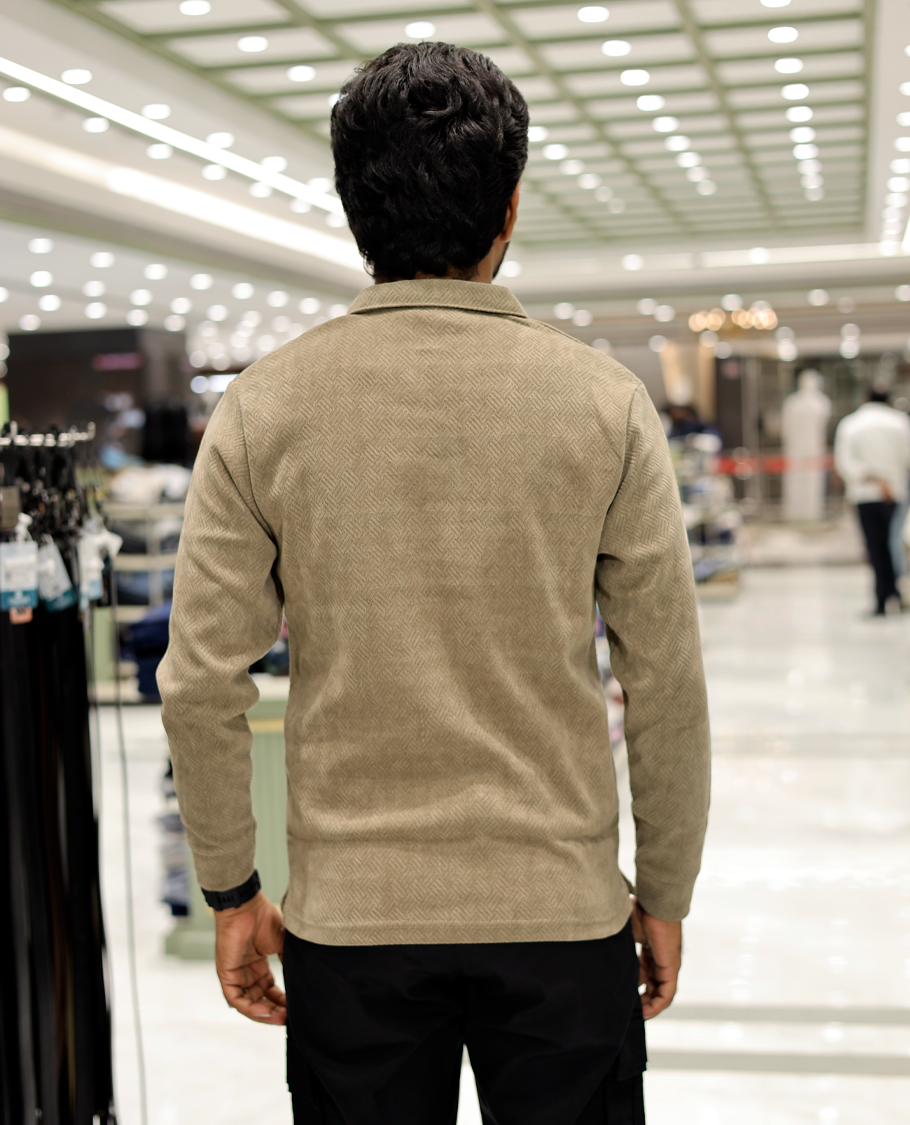 Khaki Poly-Blended Zipper T-Shirt Features Full-Sleeves, a Polo Collar, Regular Fit, and Regular Length 