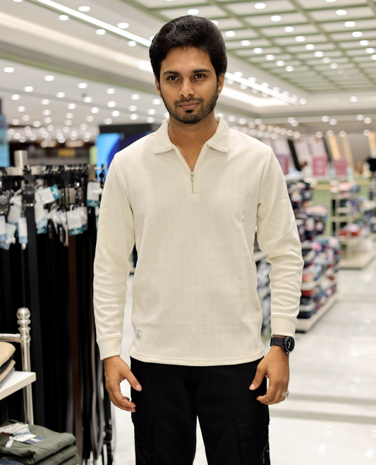 Cream Poly-Blended Zipper T-Shirt Features Full-Sleeves, a Polo Collar, Regular Fit, and Regular Length