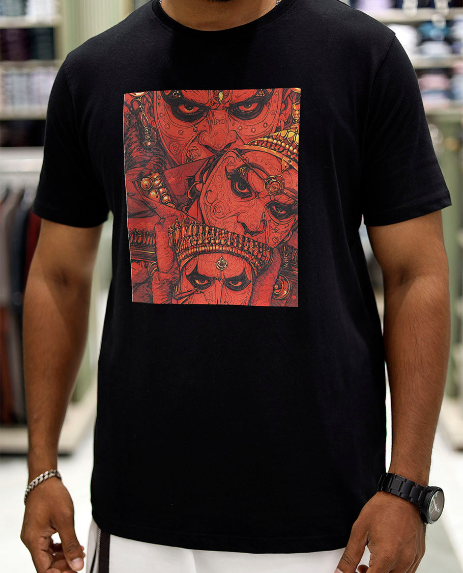Black Cotton-Blended T-Shirt Features Onam-Themed Kathakali-Style Faces Print, Half-Sleeves, a Round Neck, a Slim Fit, and a Regular Length
