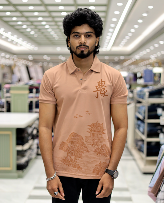 Rust Chinese Print Cotton-Blended T-Shirt