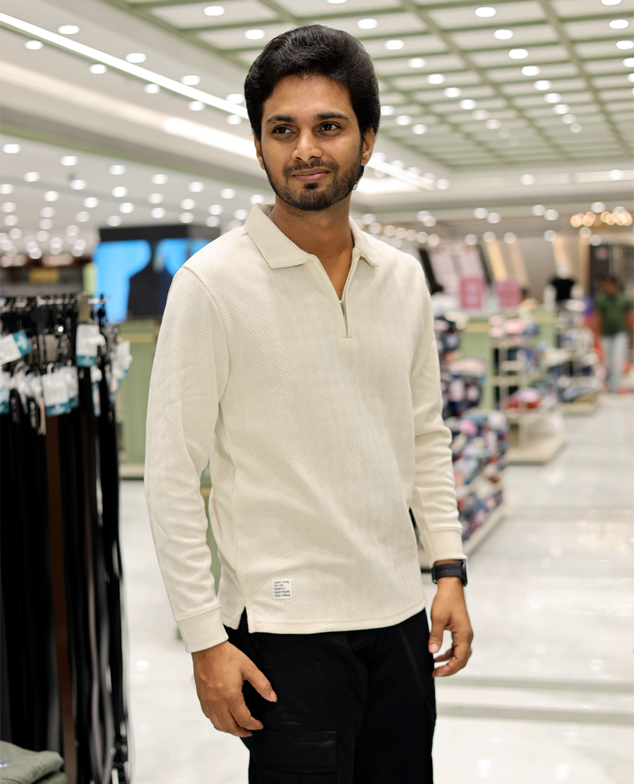 Cream Poly-Blended Zipper T-Shirt Features Full-Sleeves, a Polo Collar, Regular Fit, and Regular Length