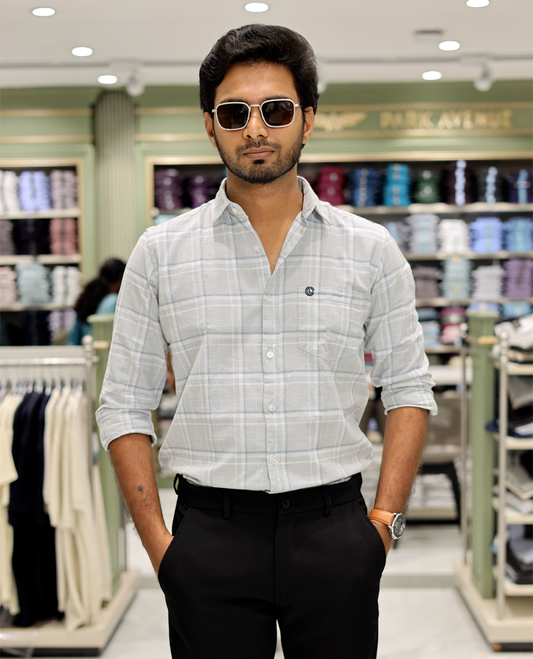 Blue Cotton-Linen-Blended Casual Shirt Features Checks, Full Sleeve, Spread Collar, a Slim Fit, and a Regular Length