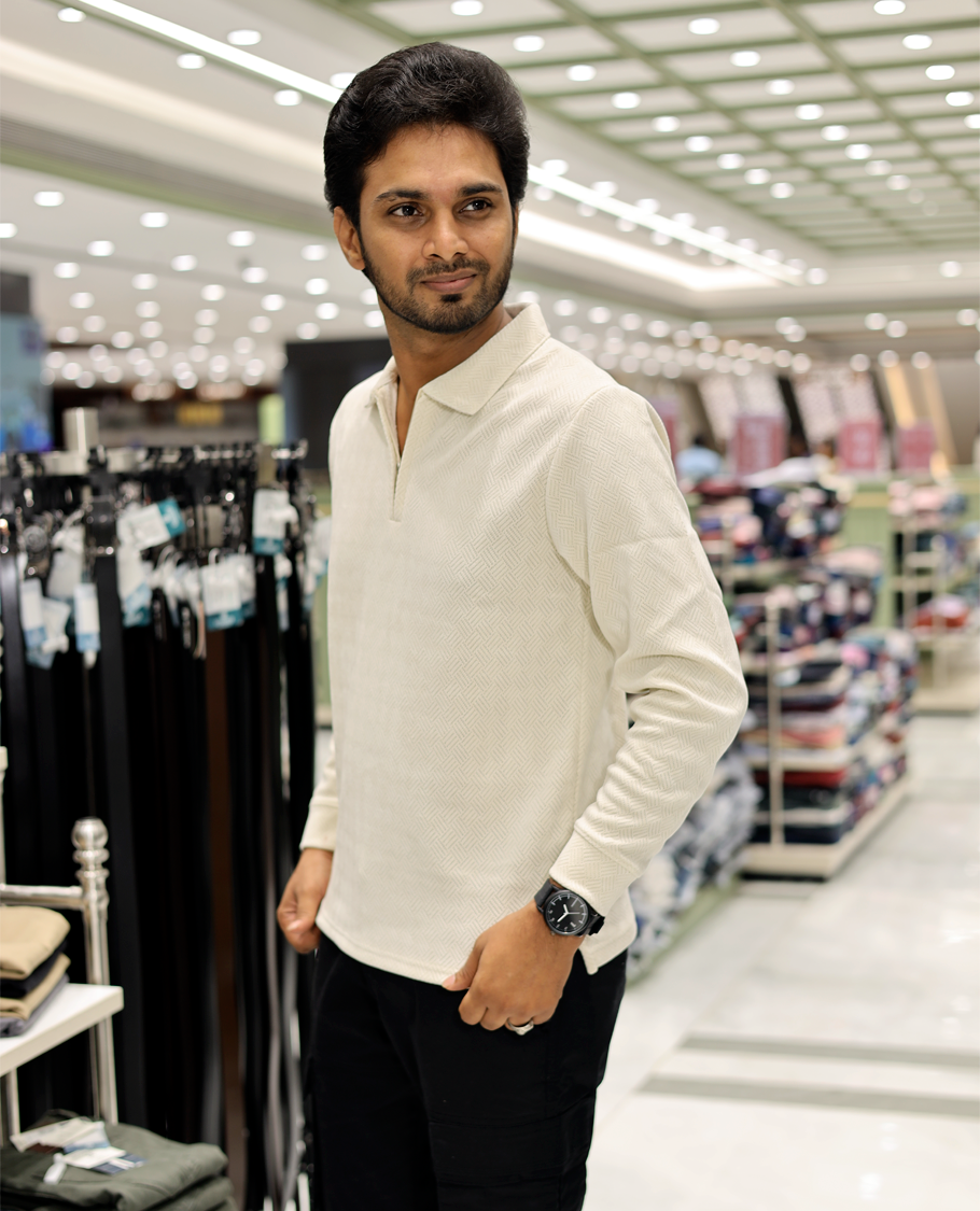 Cream Poly-Blended Zipper T-Shirt Features Full-Sleeves, a Polo Collar, Regular Fit, and Regular Length