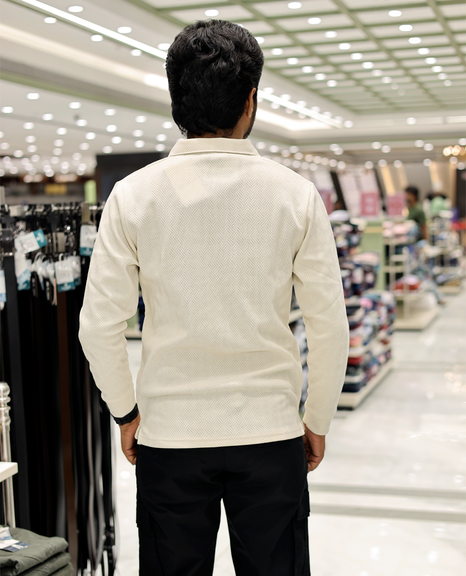 Cream Poly-Blended Zipper T-Shirt Features Full-Sleeves, a Polo Collar, Regular Fit, and Regular Length