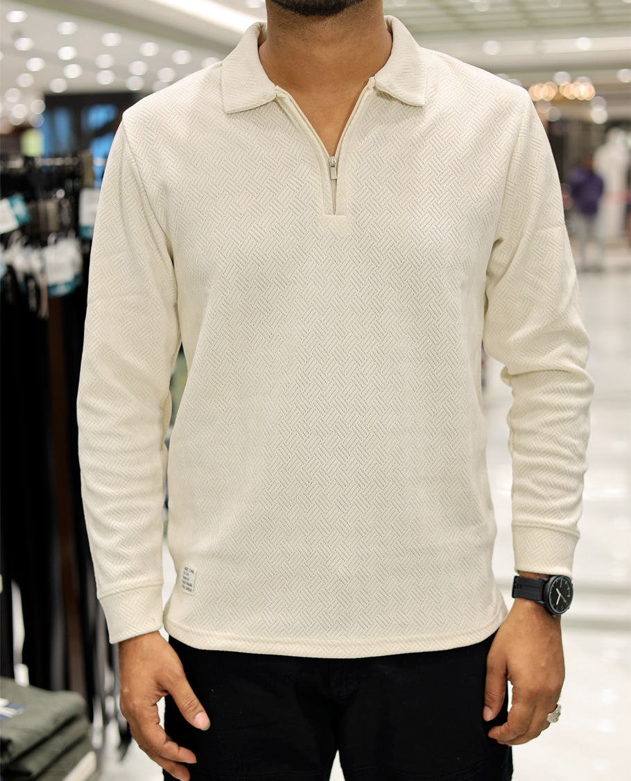 Cream Poly-Blended Zipper T-Shirt Features Full-Sleeves, a Polo Collar, Regular Fit, and Regular Length