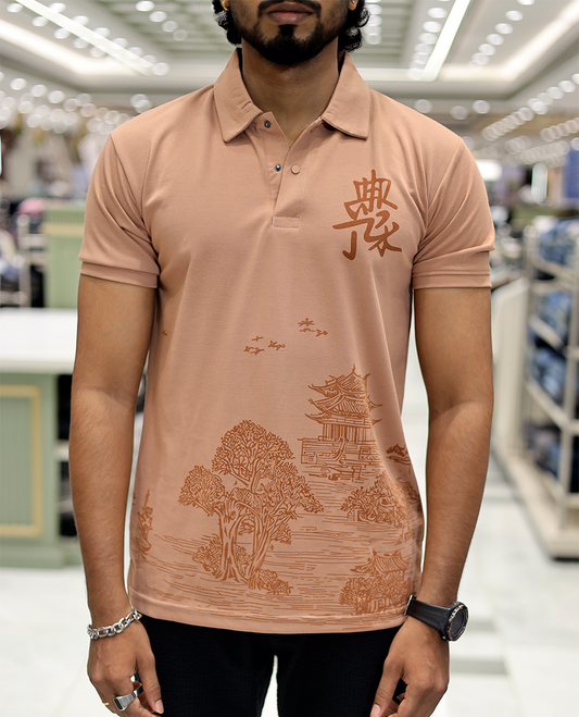 Rust Chinese Print Cotton-Blended T-Shirt