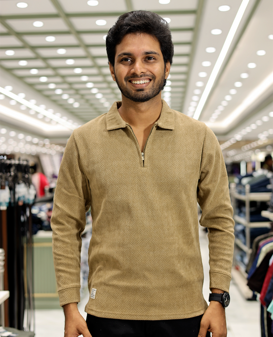 Coffee Poly-Blended Zipper T-Shirt Features Full-Sleeves, a Polo Collar, Regular Fit, and Regular Length 