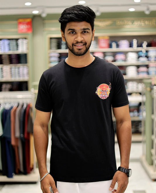 Black Cotton-Blended T-Shirt Features Multi-Colored Kathakali Print, Half-Sleeves, a Round Neck, a Slim Fit, and a Regular Length
