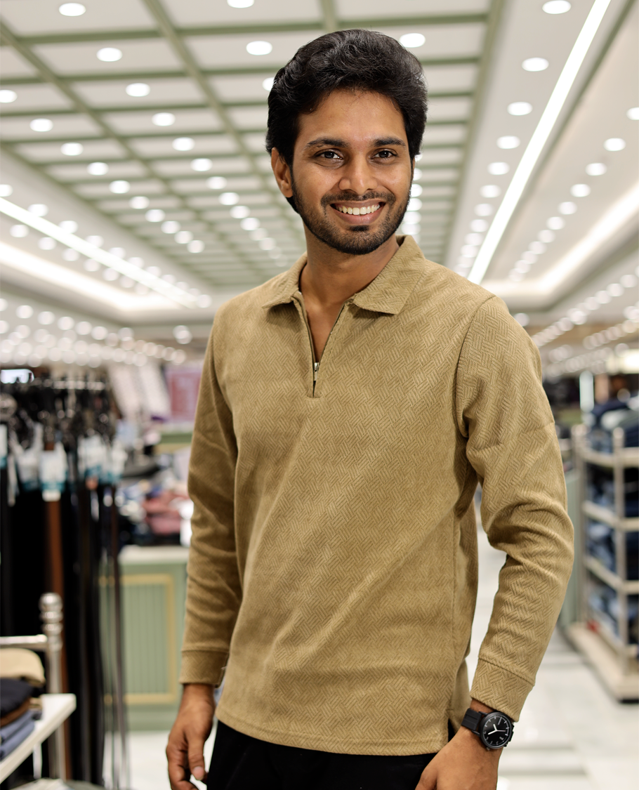 Coffee Poly-Blended Zipper T-Shirt Features Full-Sleeves, a Polo Collar, Regular Fit, and Regular Length 
