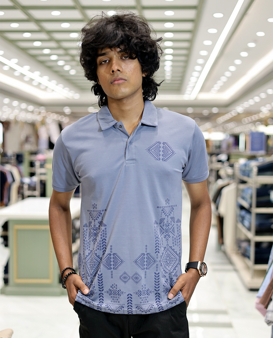 Grey Intricate Print Cotton-Blended T-Shirt