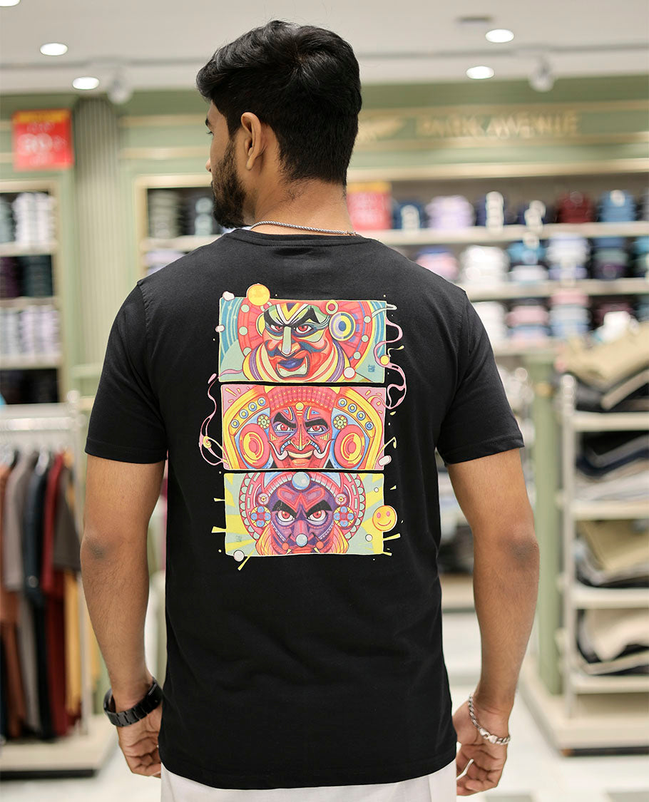 Black Cotton-Blended T-Shirt Features Multi-Colored Kathakali Print, Half-Sleeves, a Round Neck, a Slim Fit, and a Regular Length