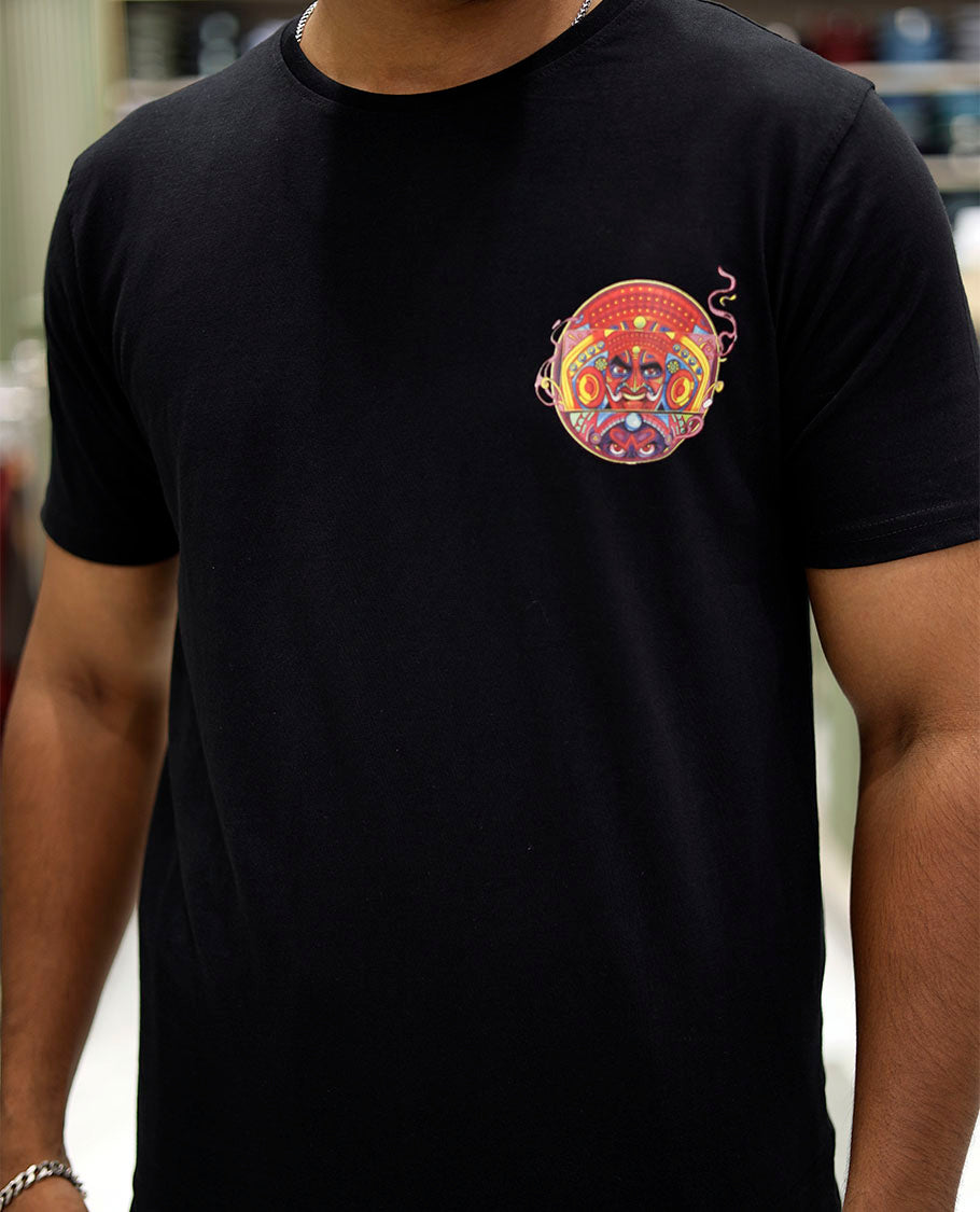 Black Cotton-Blended T-Shirt Features Multi-Colored Kathakali Print, Half-Sleeves, a Round Neck, a Slim Fit, and a Regular Length