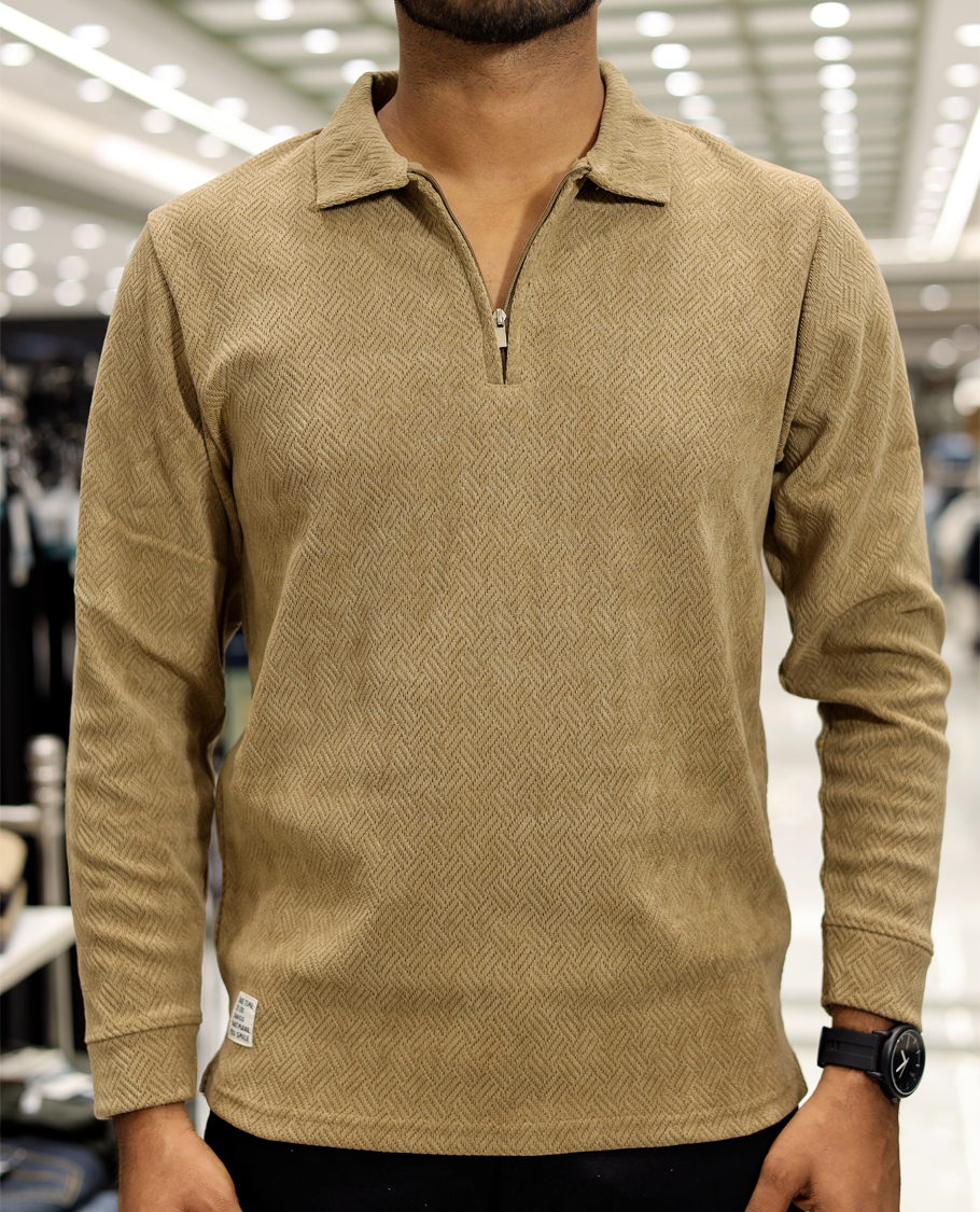 Coffee Poly-Blended Zipper T-Shirt Features Full-Sleeves, a Polo Collar, Regular Fit, and Regular Length 