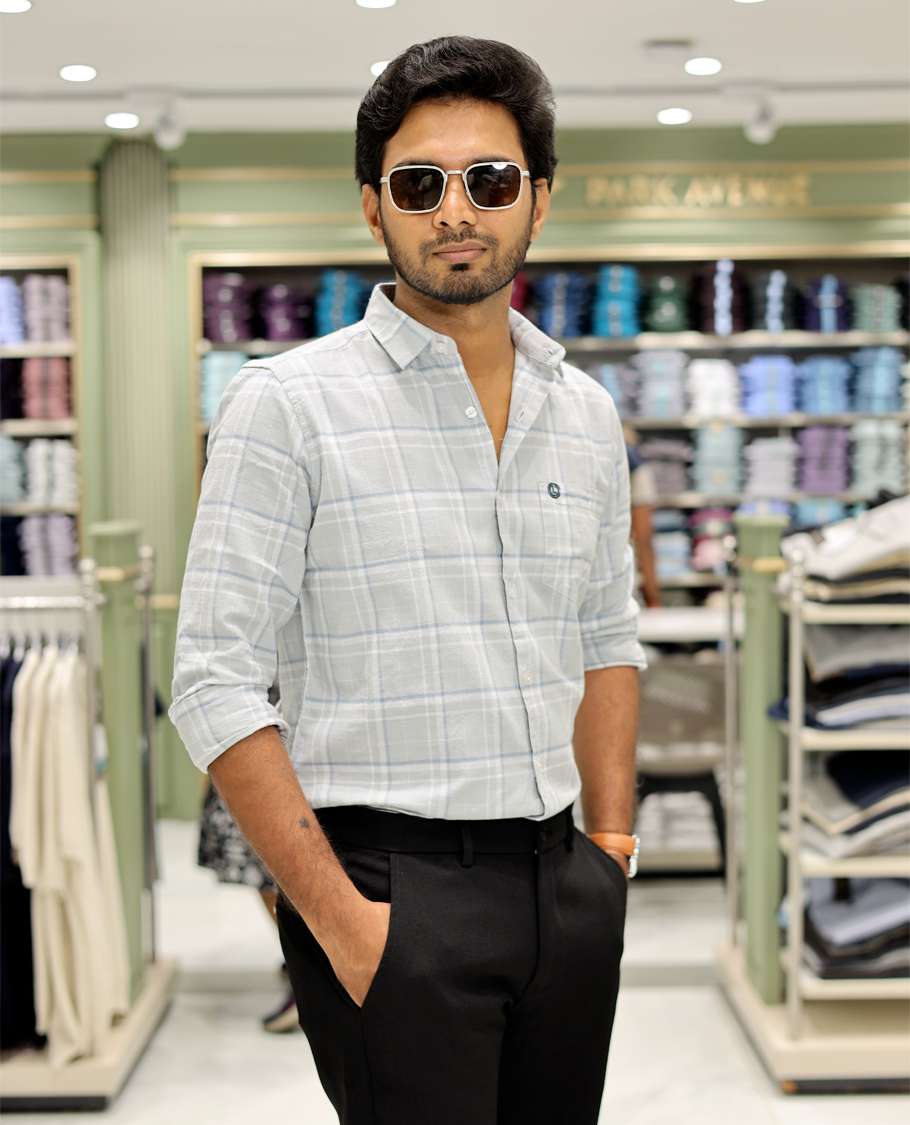 Blue Cotton-Linen-Blended Casual Shirt Features Checks, Full Sleeve, Spread Collar, a Slim Fit, and a Regular Length