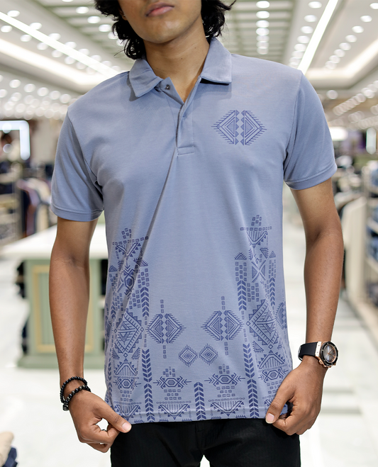 Grey Intricate Print Cotton-Blended T-Shirt