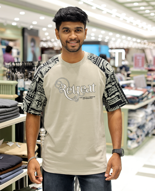 Cream Cotton-Blended Crew-Neck T-Shirt Features Typography Print, Printed Half-Sleeves, Regular Fit, and Regular Length