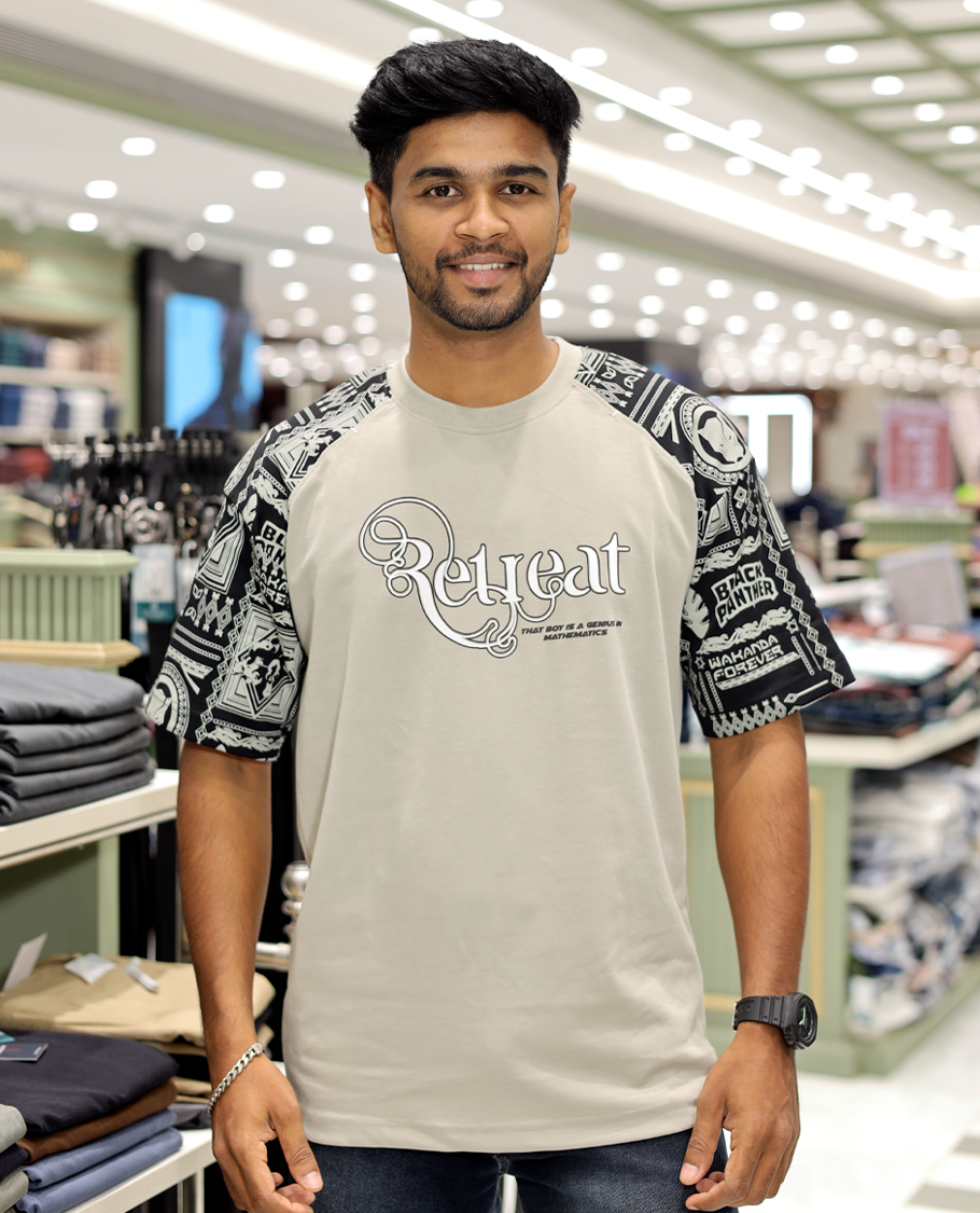 Cream Cotton-Blended Crew-Neck T-Shirt Features Typography Print, Printed Half-Sleeves, Regular Fit, and Regular Length