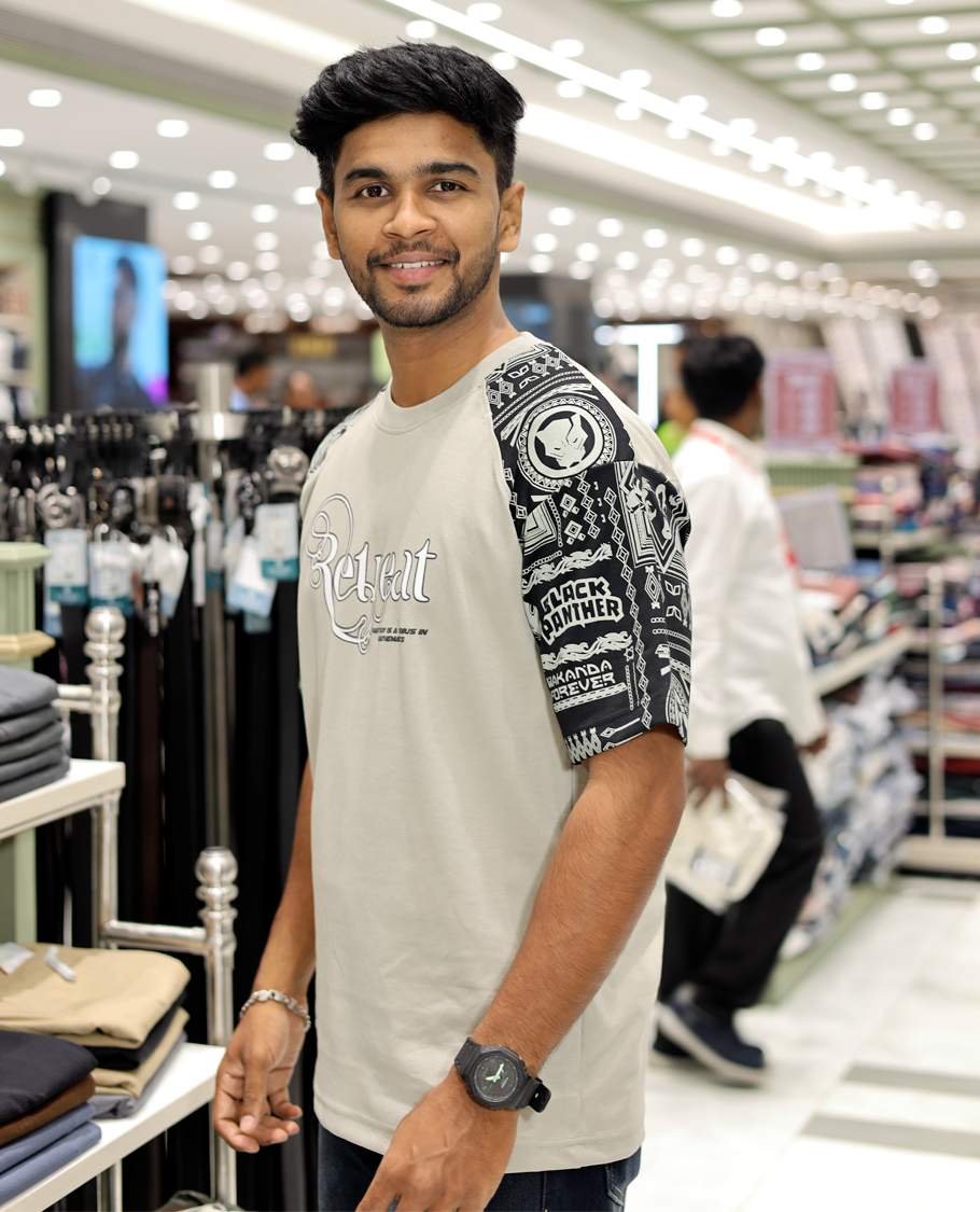  Cream Cotton-Blended Crew-Neck T-Shirt Features Typography Print, Printed Half-Sleeves, Regular Fit, and Regular Length