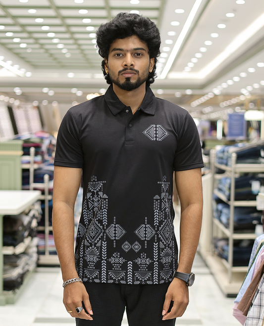 Black Intricate Print Cotton-Blended T-Shirt