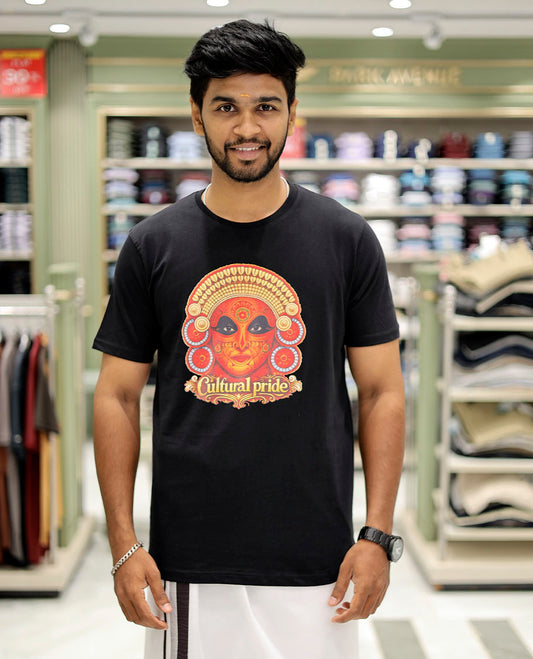 Black Cotton-Blended T-Shirt Features Kerala-Themed Print, Half-Sleeves, a Round Neck, a Slim Fit, and a Regular Length