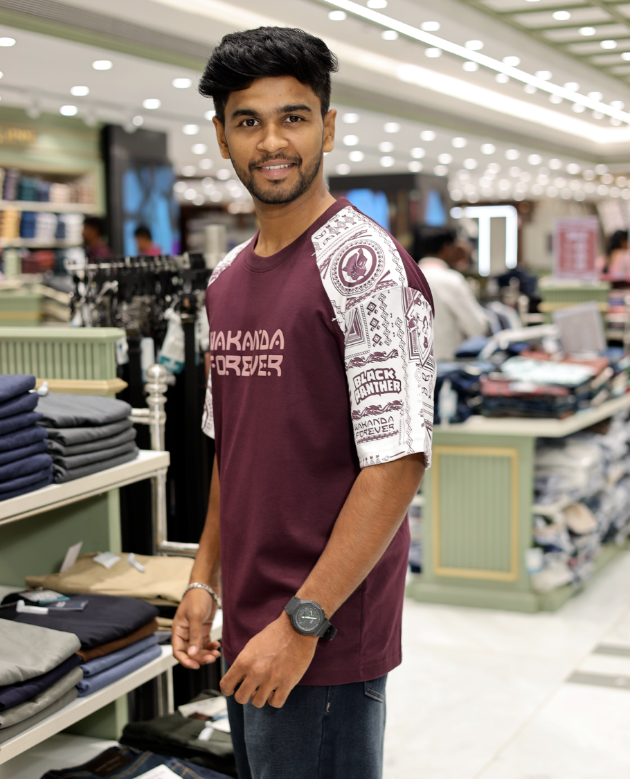  Maroon Cotton-Blended Crew-Neck T-Shirt Features Typography Print, Printed Half-Sleeves, Regular Fit, and Regular Length