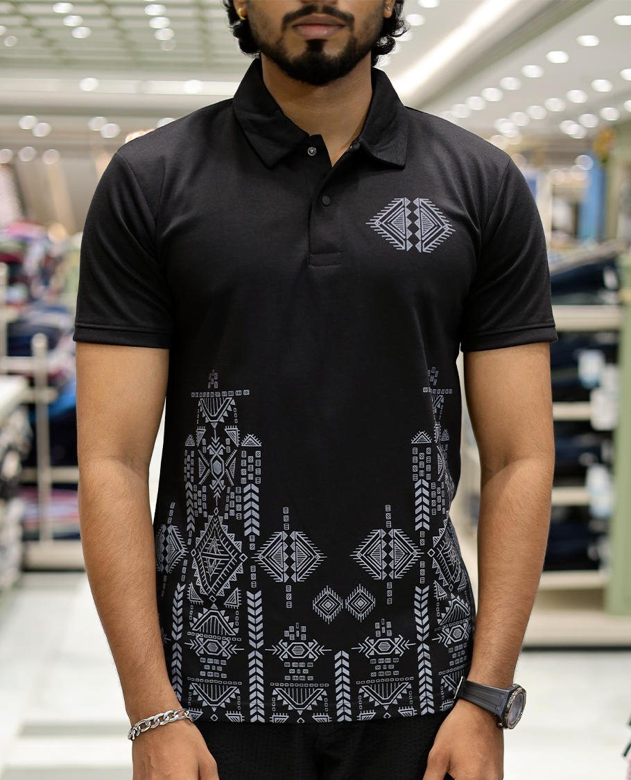 Black Intricate Print Cotton-Blended T-Shirt