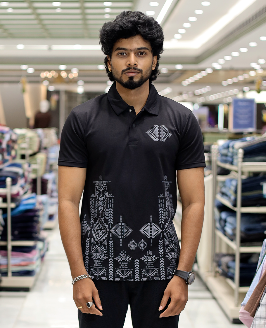 Black Intricate Print Cotton-Blended T-Shirt